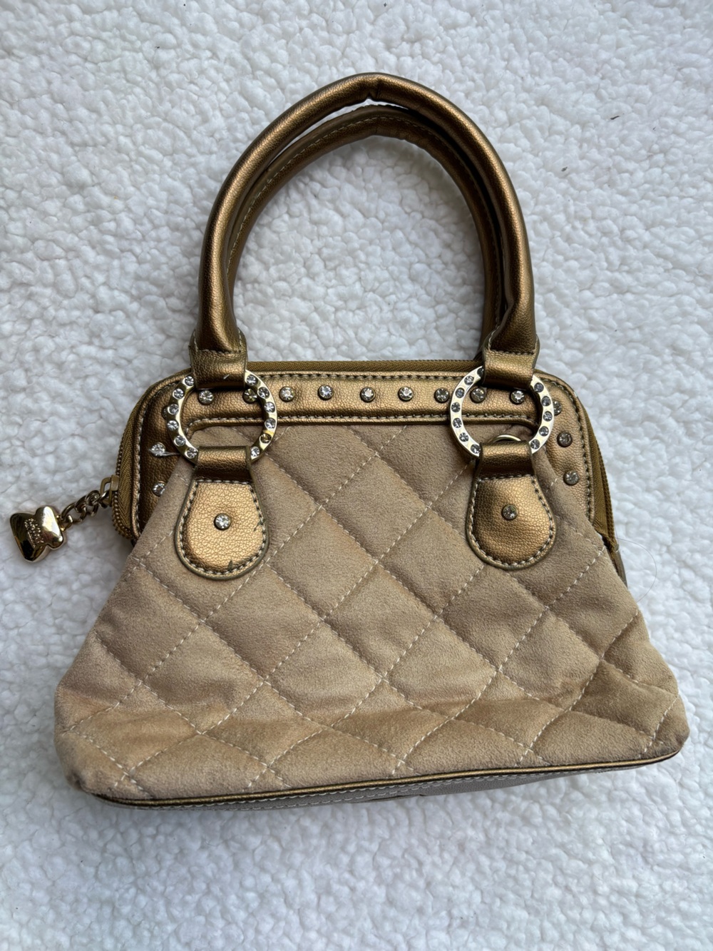 Kathy van Zeeland Y2K Vintage Gold Quilted Satchel Handbag with Crystal Hardware
